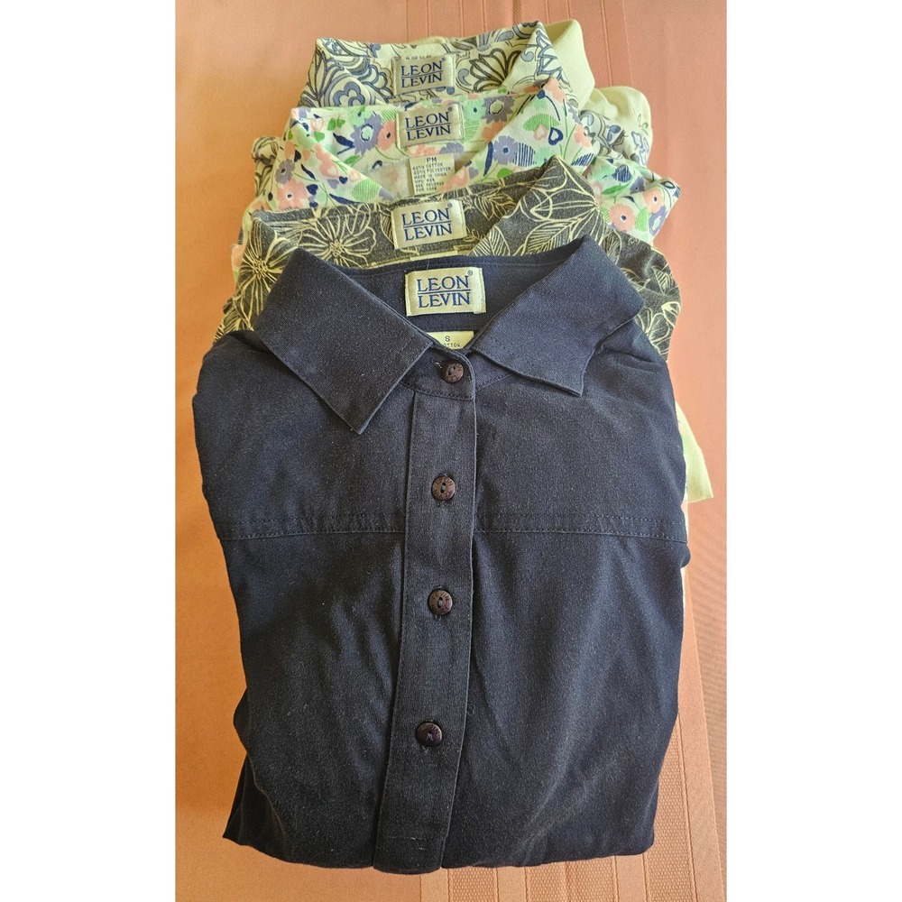 Leon Levin Long Sleeve Polo Shirt Bundle Floral Embroidered Navy Cream Lot of 4